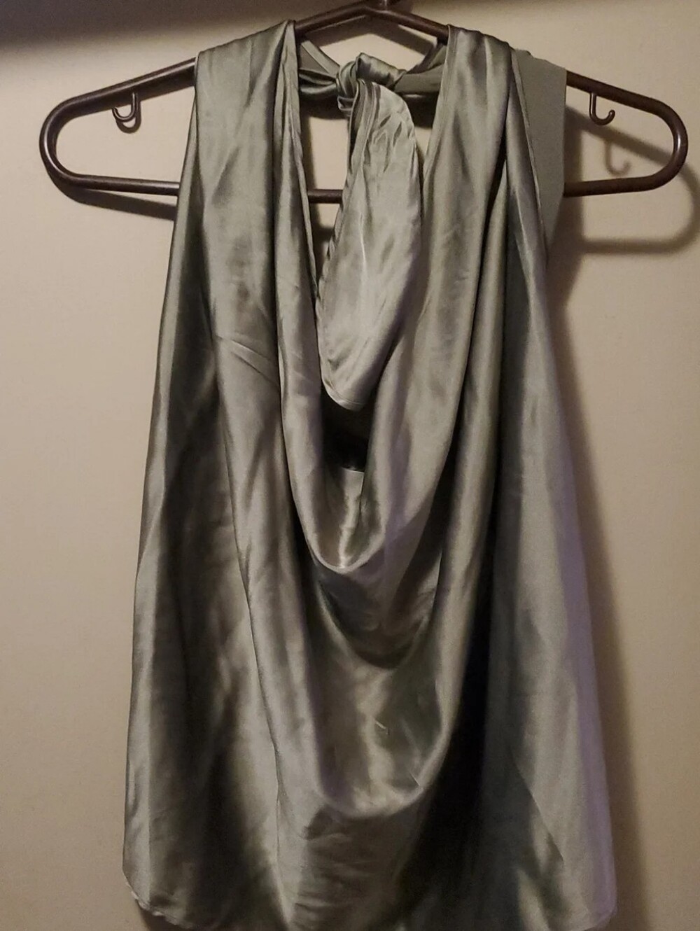 **Ramy Brook Olive Green Satin Halter Cowl Neck Top Size Small $245**